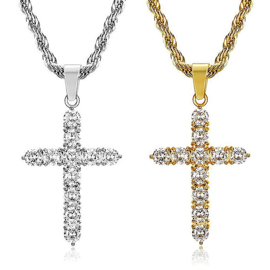 Titanium steel gold-plated zircon cross pendant necklace