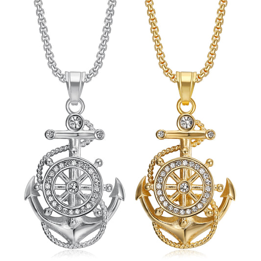 Titanium steel vacuum-plated gold-plated diamond anchor pendant necklace