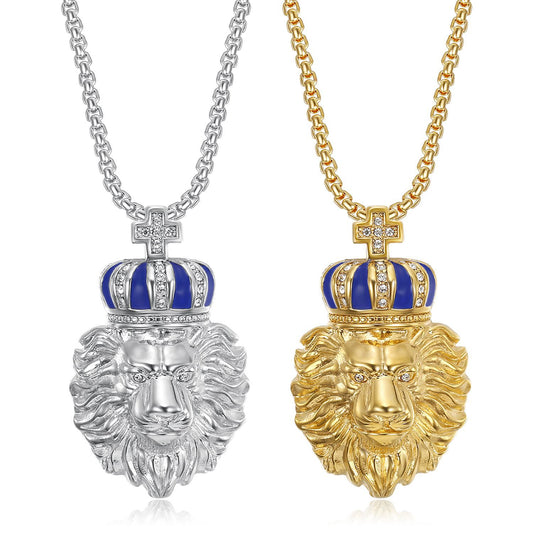 Titanium steel vacuum-plated gold-plated diamond crown lion pendant necklace